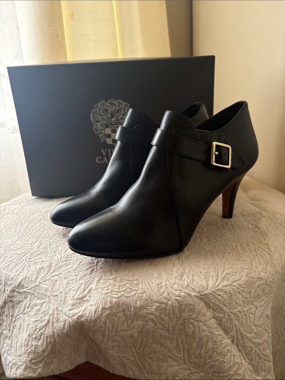 Vince Camuto Black Leather Buckle Ankle Booties